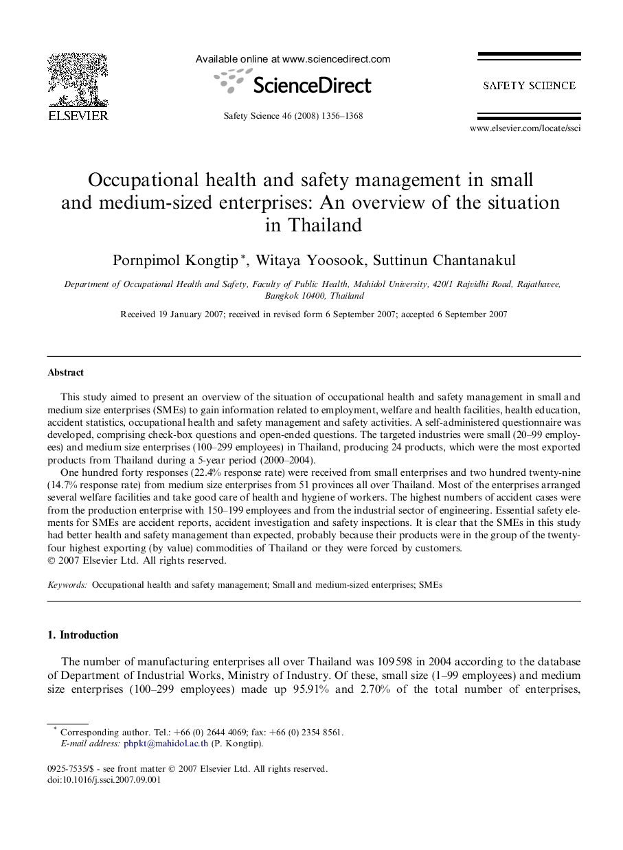 Occupational health and safety management in small and medium-sized enterprises: An overview of the situation in Thailand