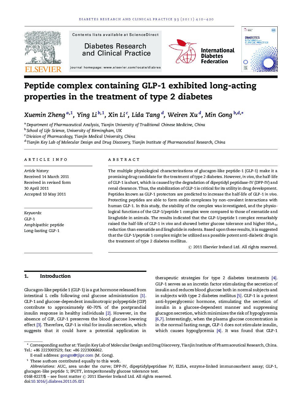 Peptide complex containing GLP-1 exhibited long-acting properties in the treatment of type 2 diabetes