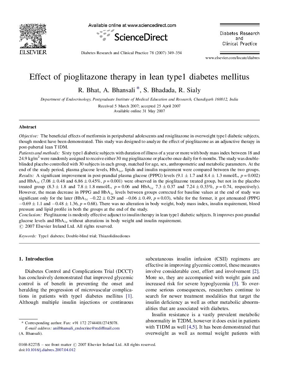 Effect of pioglitazone therapy in lean type1 diabetes mellitus