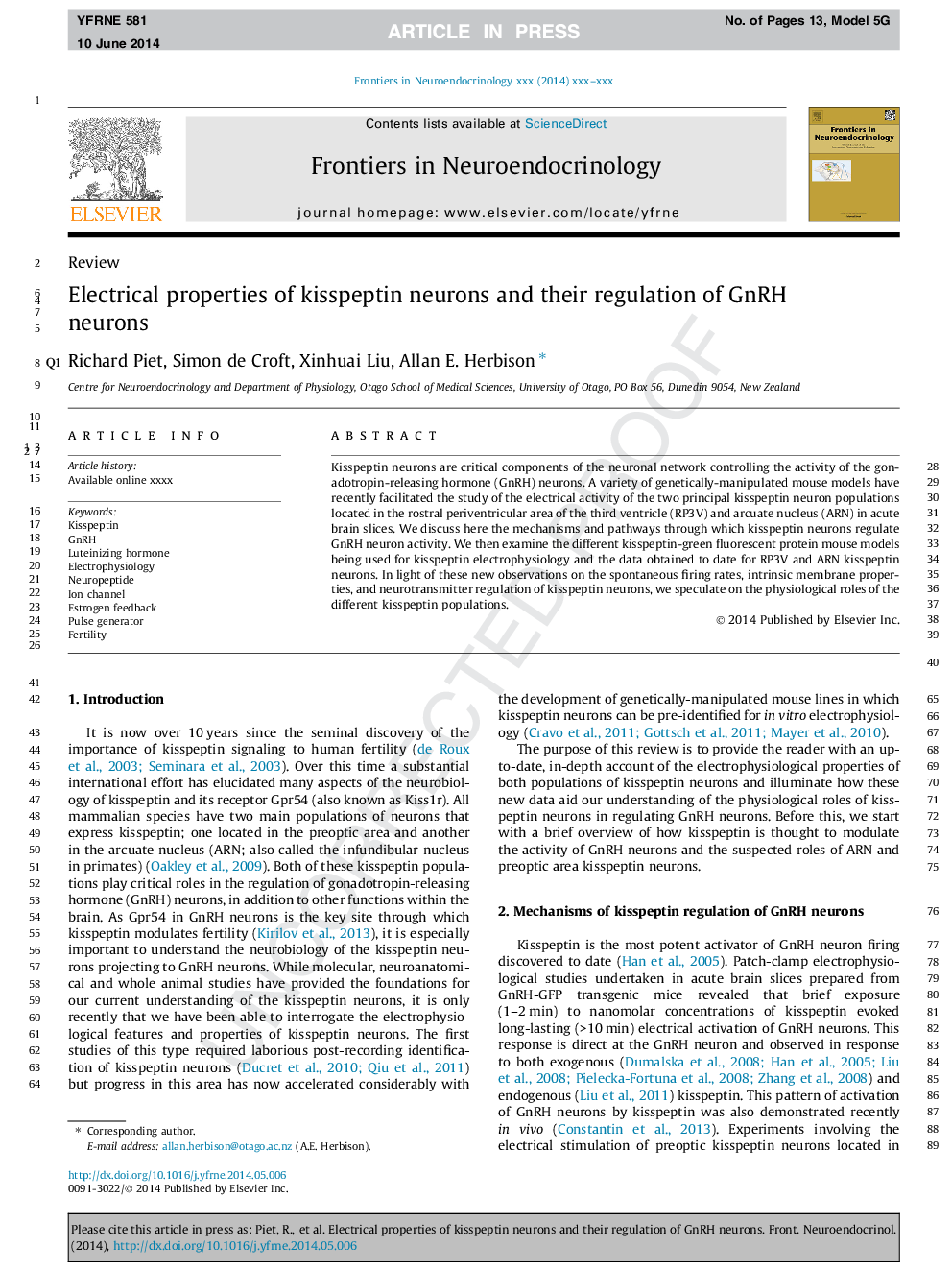 Electrical properties of kisspeptin neurons and their regulation of GnRH neurons