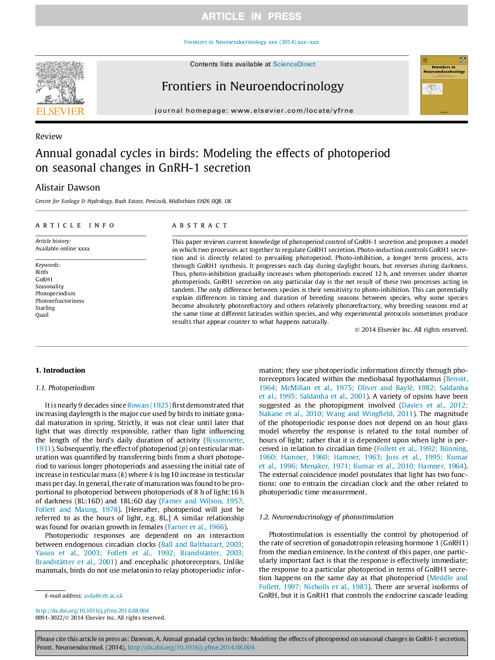 Annual gonadal cycles in birds: Modeling the effects of photoperiod on seasonal changes in GnRH-1 secretion