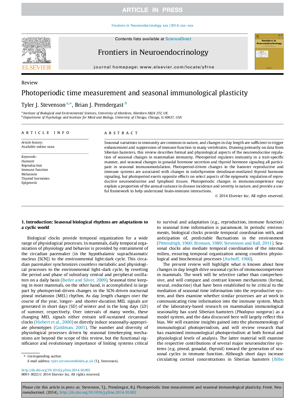 عکس صفحه اول مقاله: Photoperiodic time measurement and seasonal immunological plasticity Photoperiodic time measurement and seasonal immunological plasticity