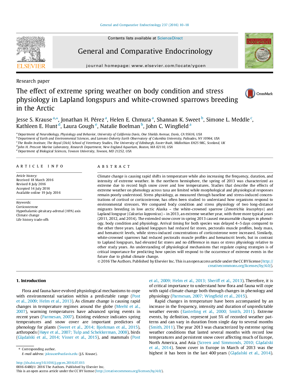 Research paperThe effect of extreme spring weather on body condition and stress physiology in Lapland longspurs and white-crowned sparrows breeding in the Arctic