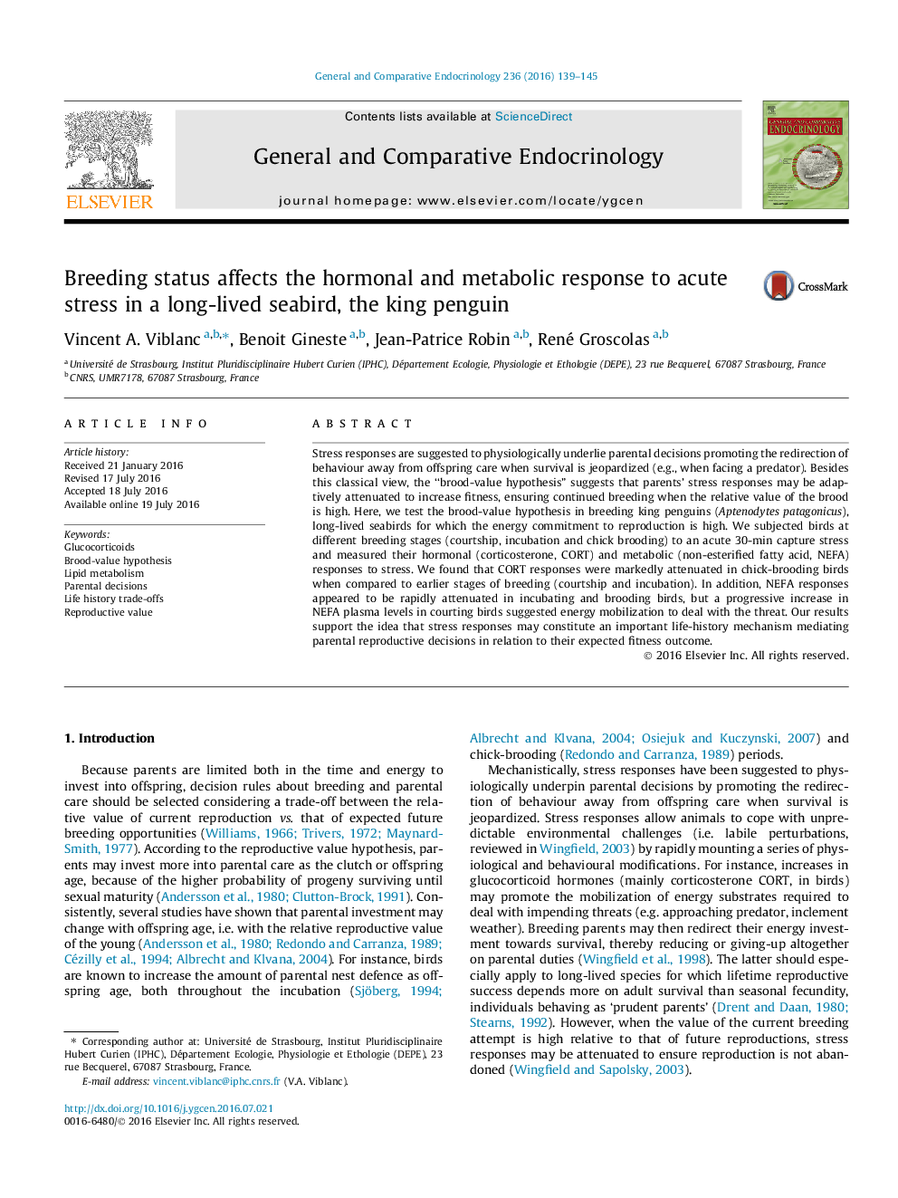 Breeding status affects the hormonal and metabolic response to acute stress in a long-lived seabird, the king penguin