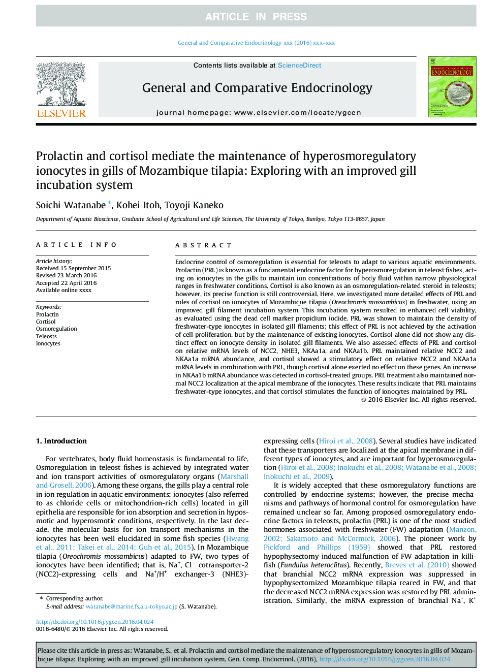 Prolactin and cortisol mediate the maintenance of hyperosmoregulatory ionocytes in gills of Mozambique tilapia: Exploring with an improved gill incubation system