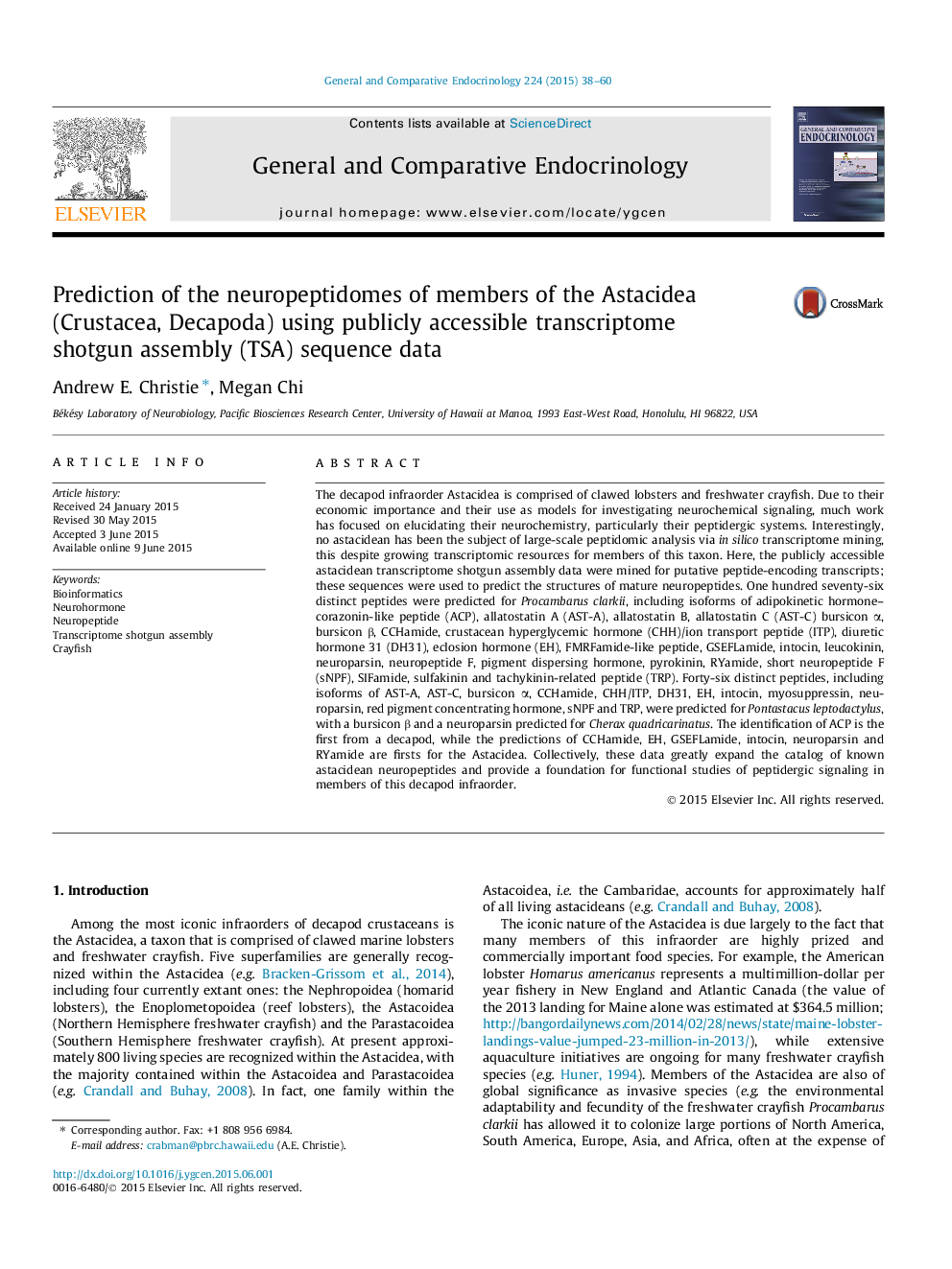 Prediction of the neuropeptidomes of members of the Astacidea (Crustacea, Decapoda) using publicly accessible transcriptome shotgun assembly (TSA) sequence data