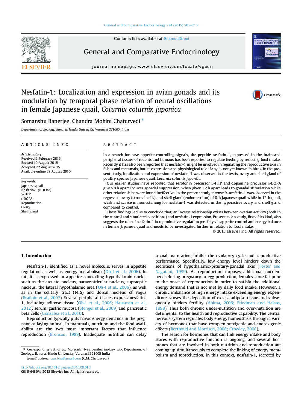 Nesfatin-1: Localization and expression in avian gonads and its modulation by temporal phase relation of neural oscillations in female Japanese quail, Coturnix coturnix japonica