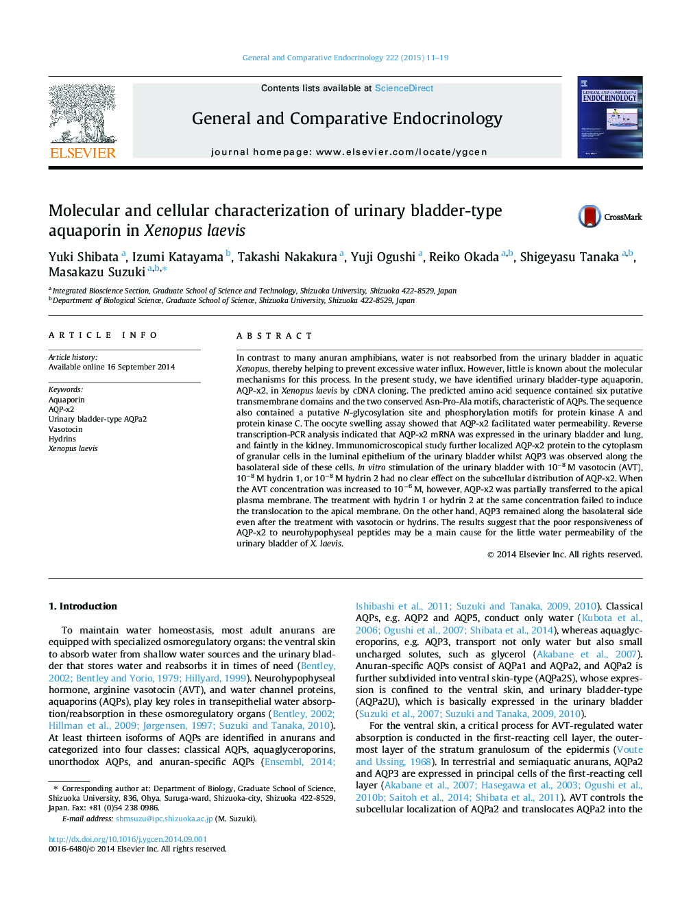 Molecular and cellular characterization of urinary bladder-type aquaporin in Xenopus laevis