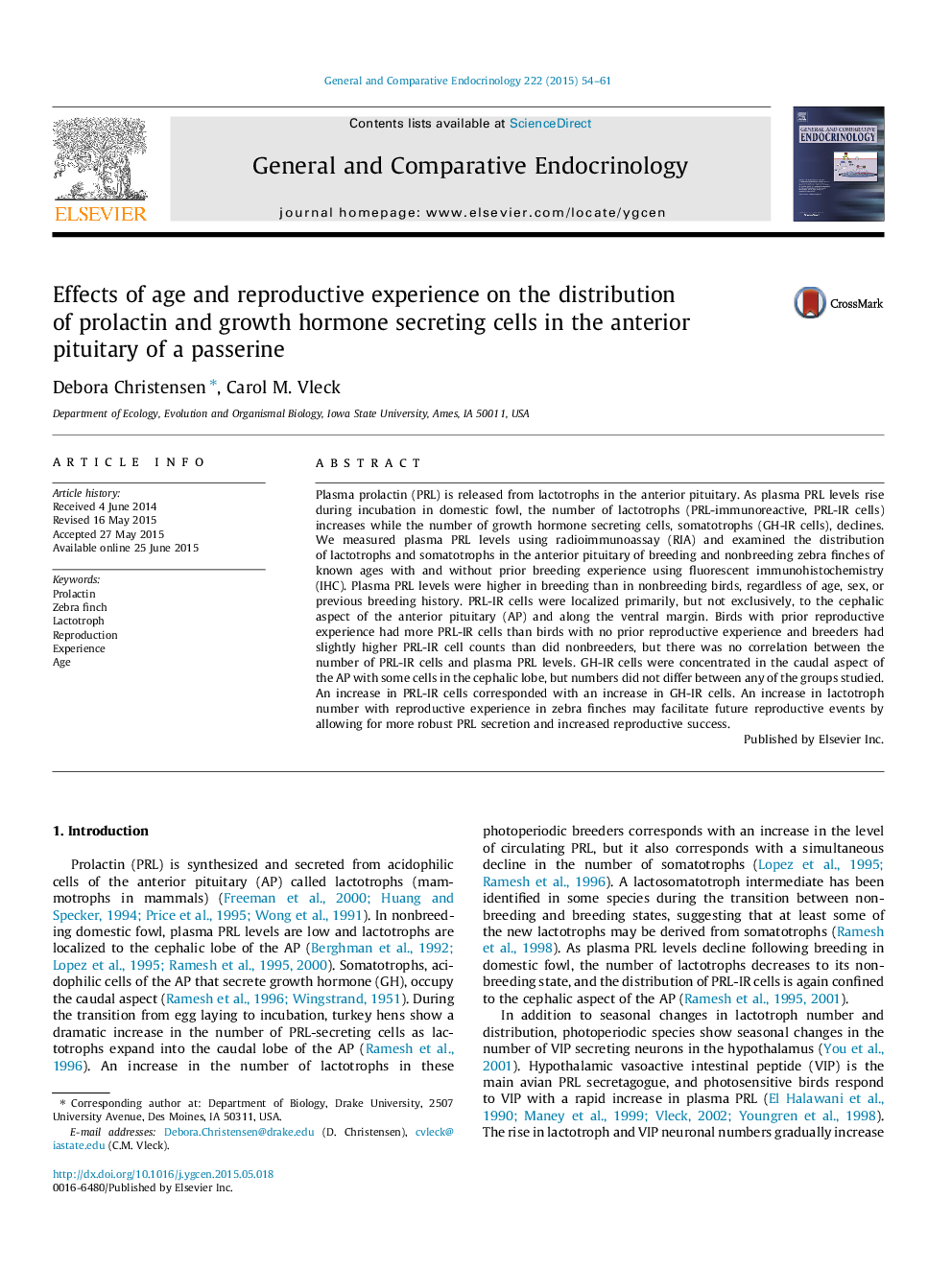 Effects of age and reproductive experience on the distribution of prolactin and growth hormone secreting cells in the anterior pituitary of a passerine