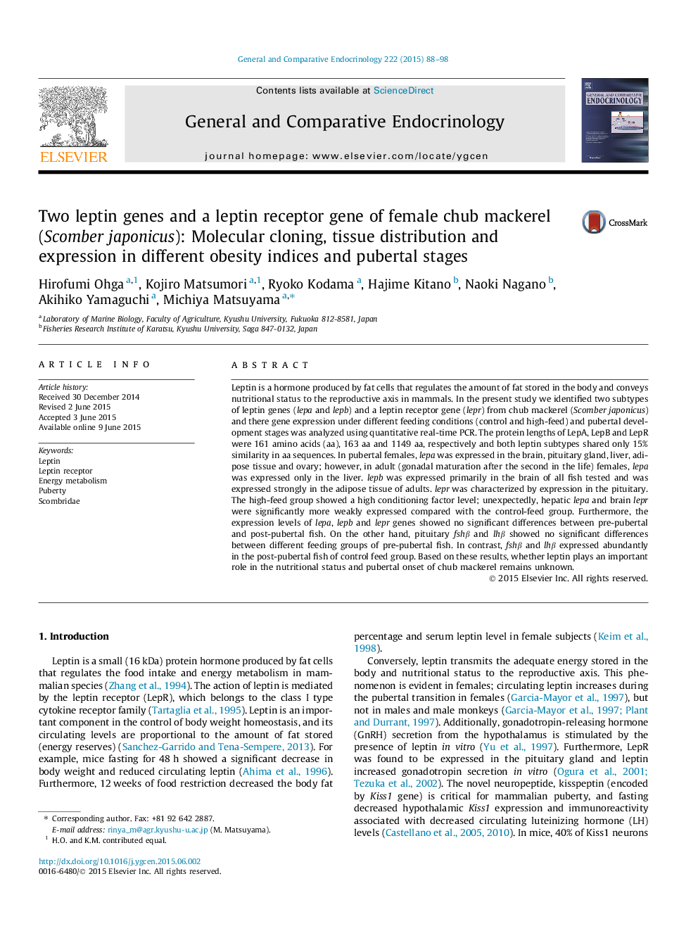 Two leptin genes and a leptin receptor gene of female chub mackerel (Scomber japonicus): Molecular cloning, tissue distribution and expression in different obesity indices and pubertal stages