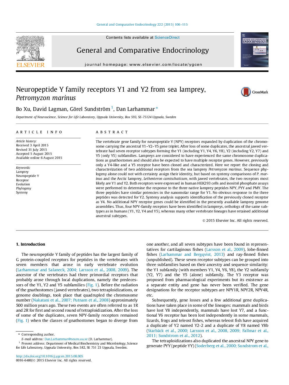 Neuropeptide Y family receptors Y1 and Y2 from sea lamprey, Petromyzon marinus