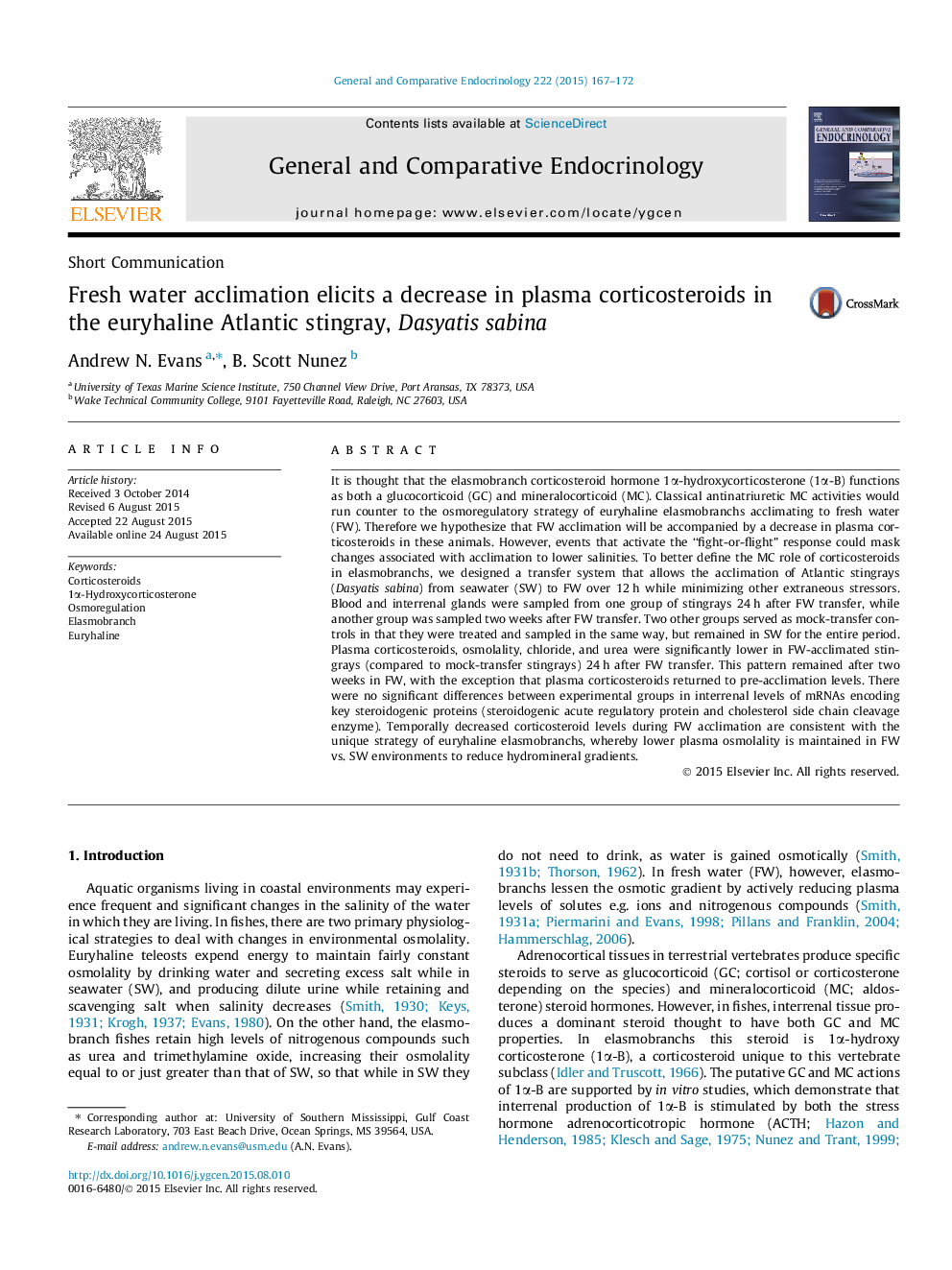 Short CommunicationFresh water acclimation elicits a decrease in plasma corticosteroids in the euryhaline Atlantic stingray, Dasyatis sabina