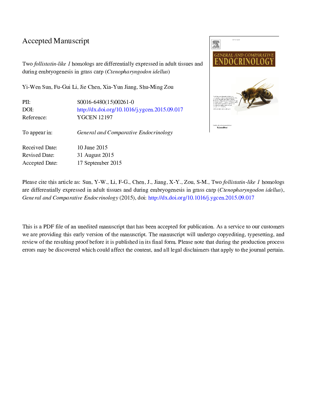 Two follistatin-like 1 homologs are differentially expressed in adult tissues and during embryogenesis in grass carp (Ctenopharyngodon idellus)