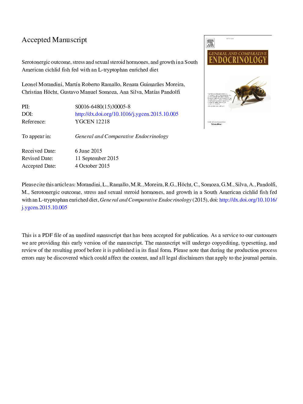 Serotonergic outcome, stress and sexual steroid hormones, and growth in a South American cichlid fish fed with an l-tryptophan enriched diet