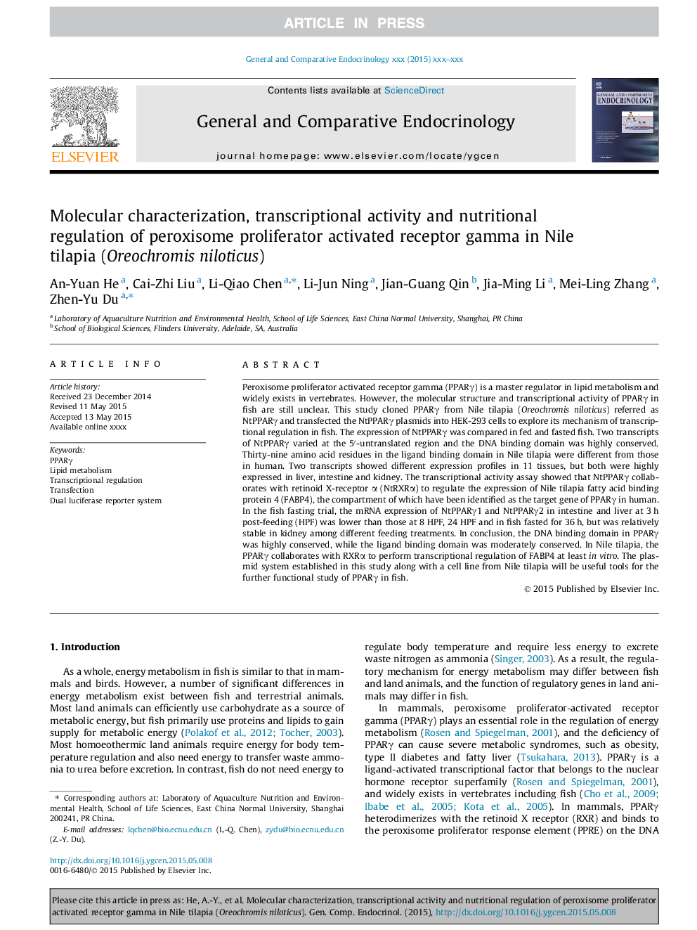 Molecular characterization, transcriptional activity and nutritional regulation of peroxisome proliferator activated receptor gamma in Nile tilapia (Oreochromis niloticus)