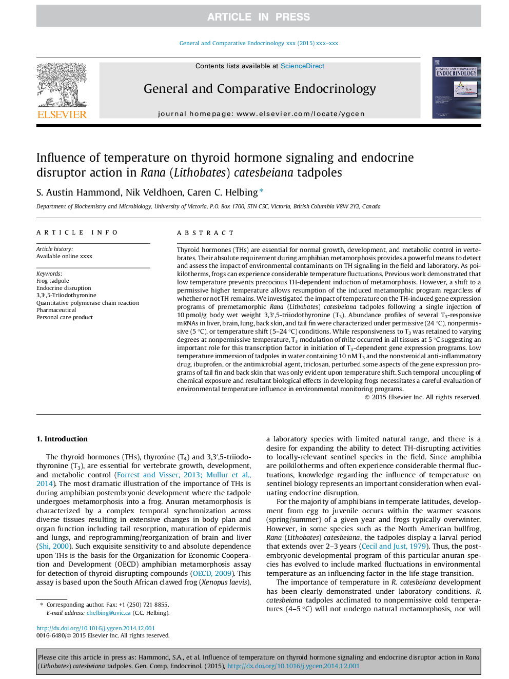 Influence of temperature on thyroid hormone signaling and endocrine disruptor action in Rana (Lithobates) catesbeiana tadpoles