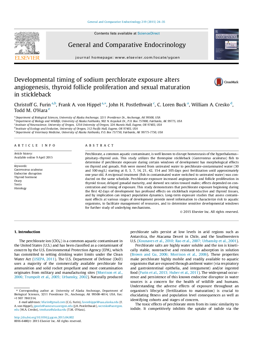 Developmental timing of sodium perchlorate exposure alters angiogenesis, thyroid follicle proliferation and sexual maturation in stickleback