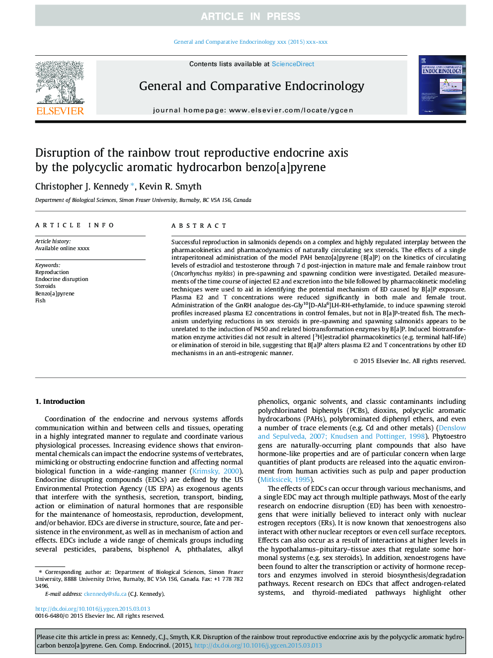 Disruption of the rainbow trout reproductive endocrine axis by the polycyclic aromatic hydrocarbon benzo[a]pyrene