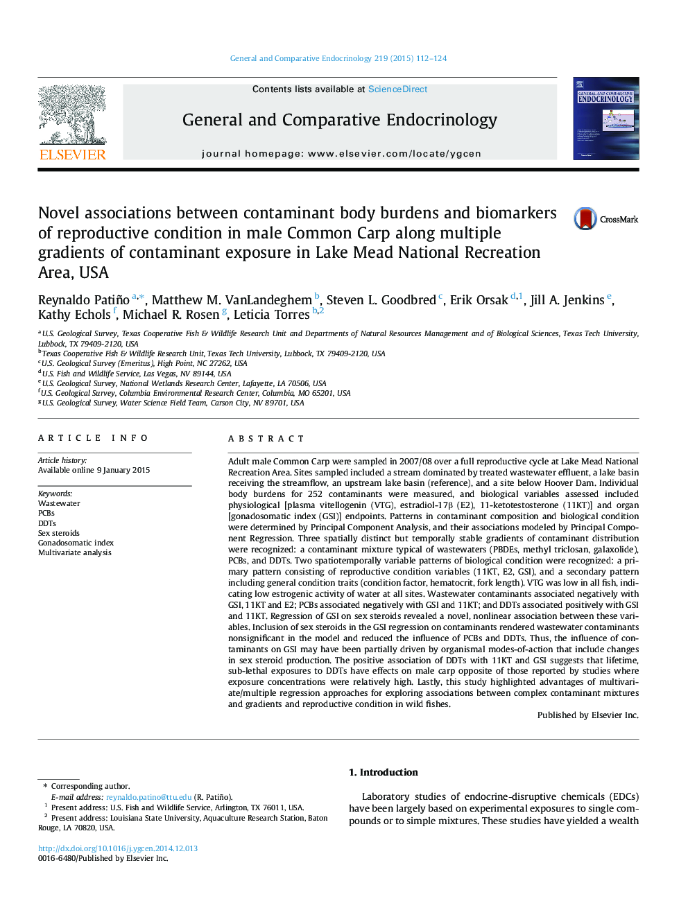 Novel associations between contaminant body burdens and biomarkers of reproductive condition in male Common Carp along multiple gradients of contaminant exposure in Lake Mead National Recreation Area, USA