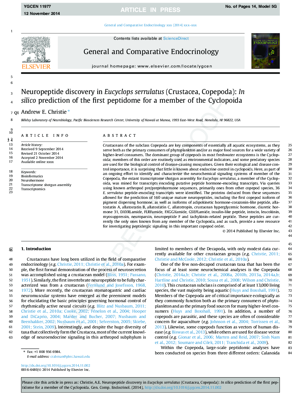 Neuropeptide discovery in Eucyclops serrulatus (Crustacea, Copepoda): In silico prediction of the first peptidome for a member of the Cyclopoida