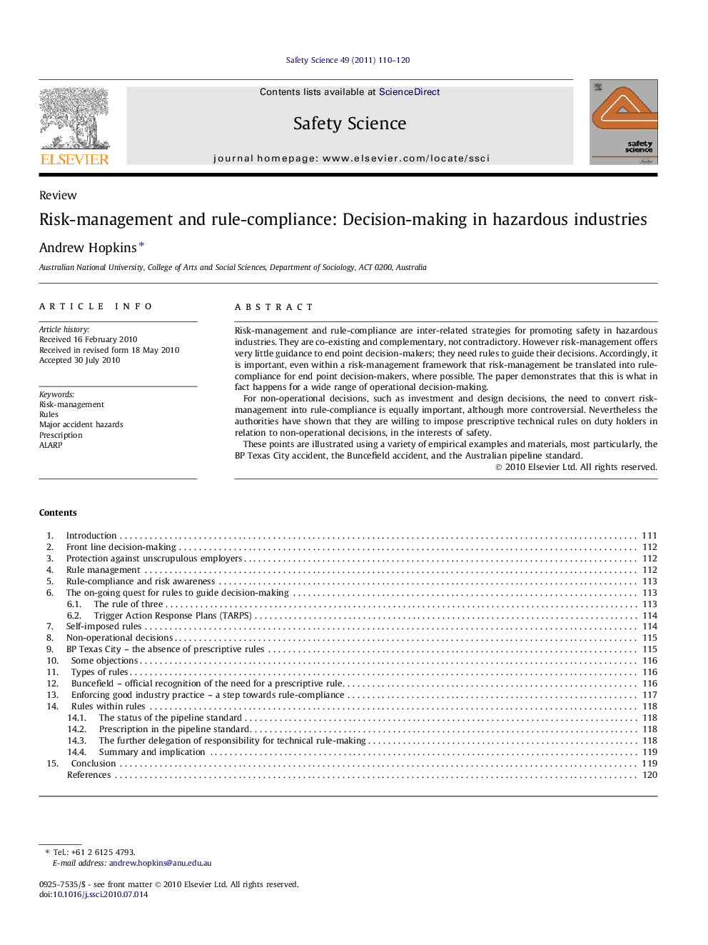 Risk-management and rule-compliance: Decision-making in hazardous industries