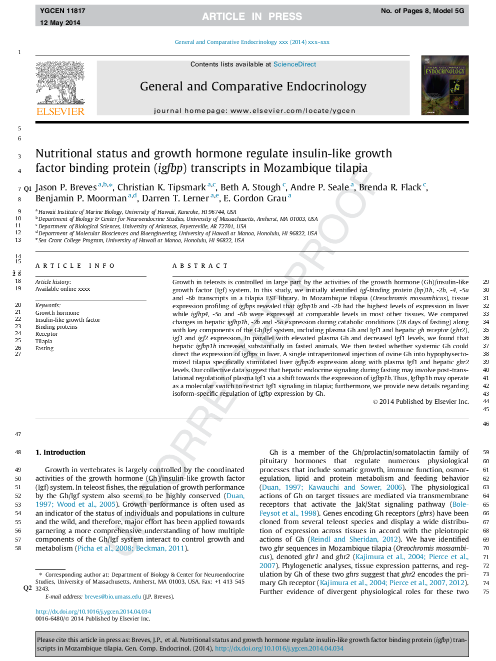 Nutritional status and growth hormone regulate insulin-like growth factor binding protein (igfbp) transcripts in Mozambique tilapia