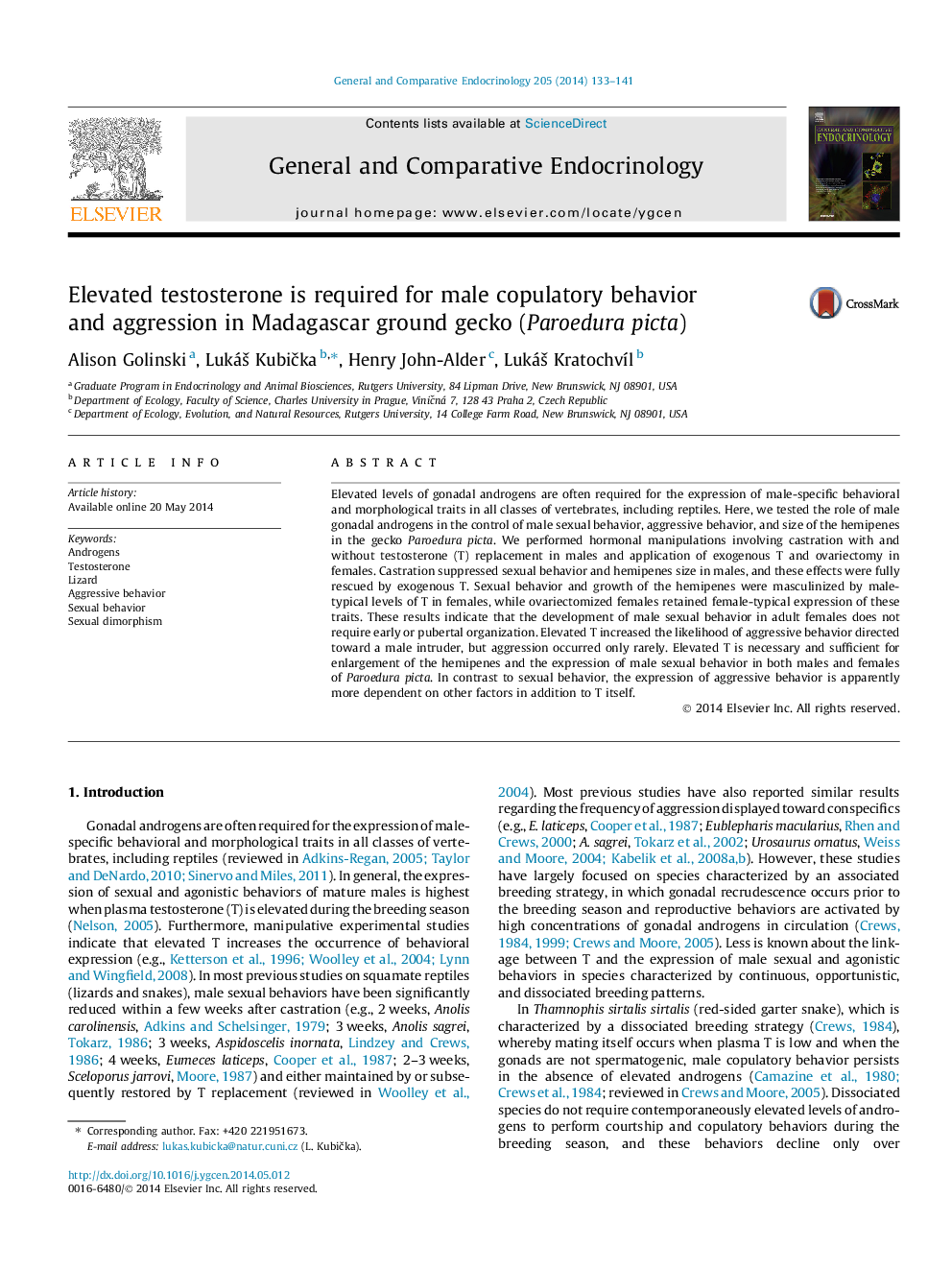 Elevated testosterone is required for male copulatory behavior and aggression in Madagascar ground gecko (Paroedura picta)