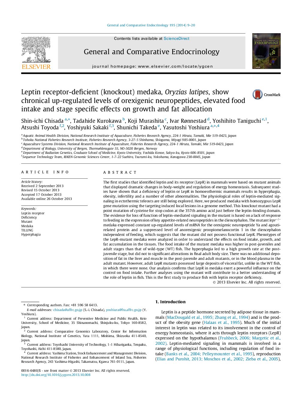 Leptin receptor-deficient (knockout) medaka, Oryzias latipes, show chronical up-regulated levels of orexigenic neuropeptides, elevated food intake and stage specific effects on growth and fat allocation