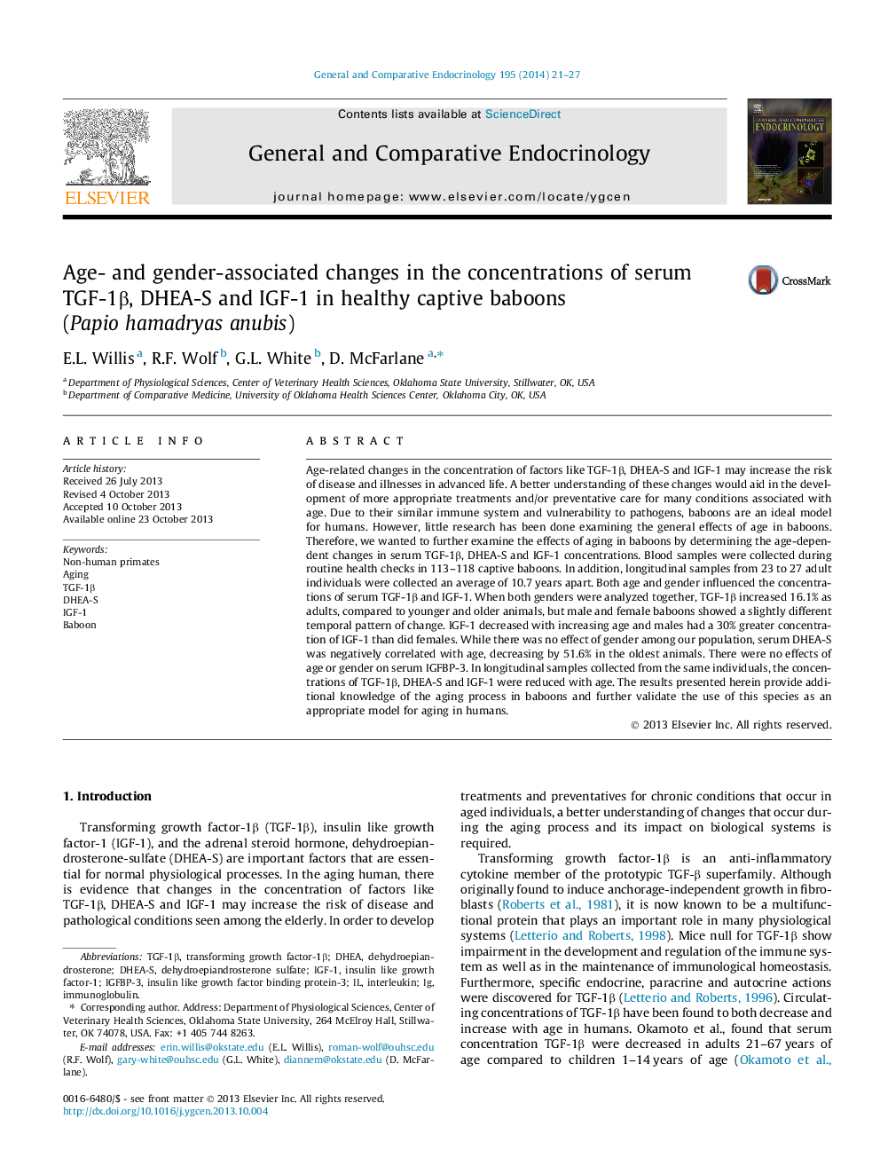 Age- and gender-associated changes in the concentrations of serum TGF-1Î², DHEA-S and IGF-1 in healthy captive baboons (Papio hamadryas anubis)