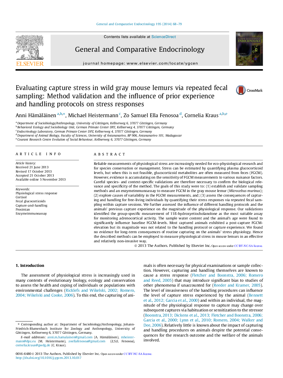 Evaluating capture stress in wild gray mouse lemurs via repeated fecal sampling: Method validation and the influence of prior experience and handling protocols on stress responses