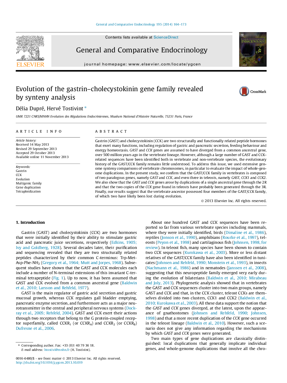 Evolution of the gastrin-cholecystokinin gene family revealed by synteny analysis