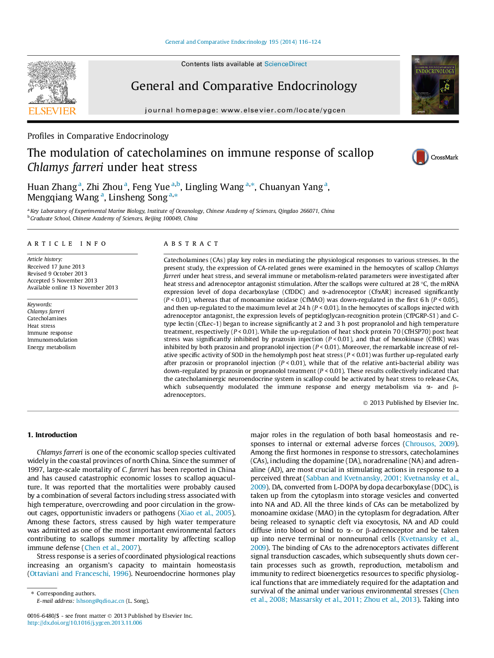 The modulation of catecholamines on immune response of scallop Chlamys farreri under heat stress