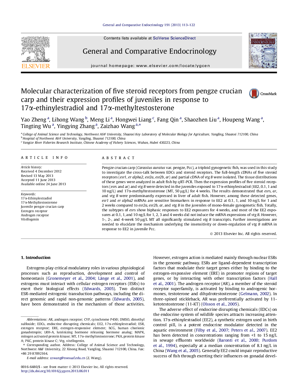 عکس صفحه اول مقاله: Molecular characterization of five steroid receptors from pengze crucian carp and their expression profiles of juveniles in response to 17α-ethinylestradiol and 17α-methyltestosterone Molecular characterization of five steroid receptors from pengze crucian carp and their expression profiles of juveniles in response to 17α-ethinylestradiol and 17α-methyltestosterone
