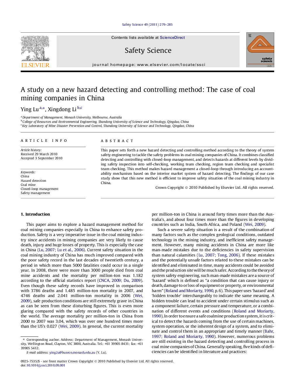 A study on a new hazard detecting and controlling method: The case of coal mining companies in China