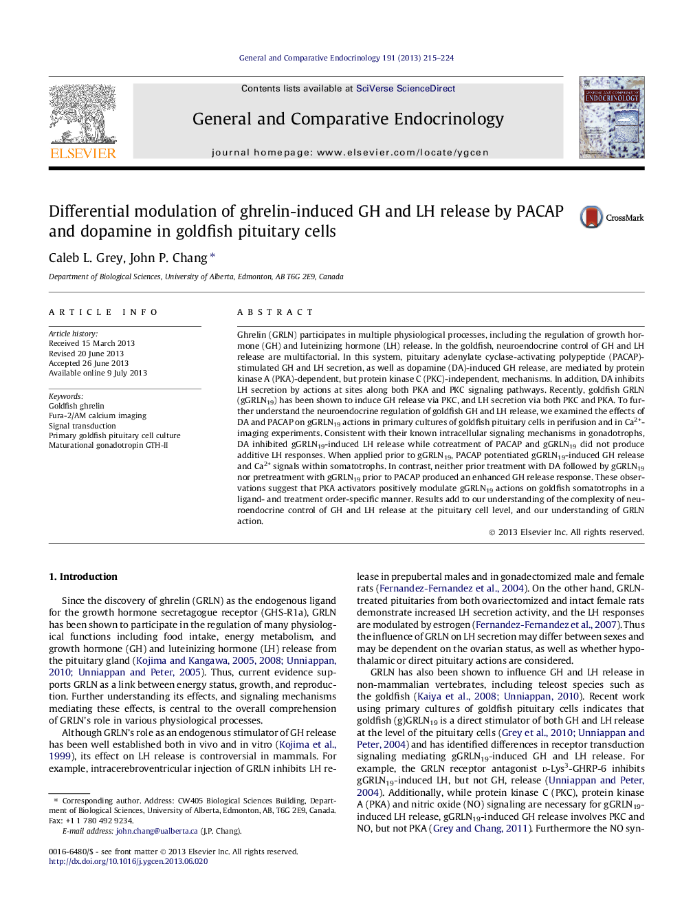 Differential modulation of ghrelin-induced GH and LH release by PACAP and dopamine in goldfish pituitary cells