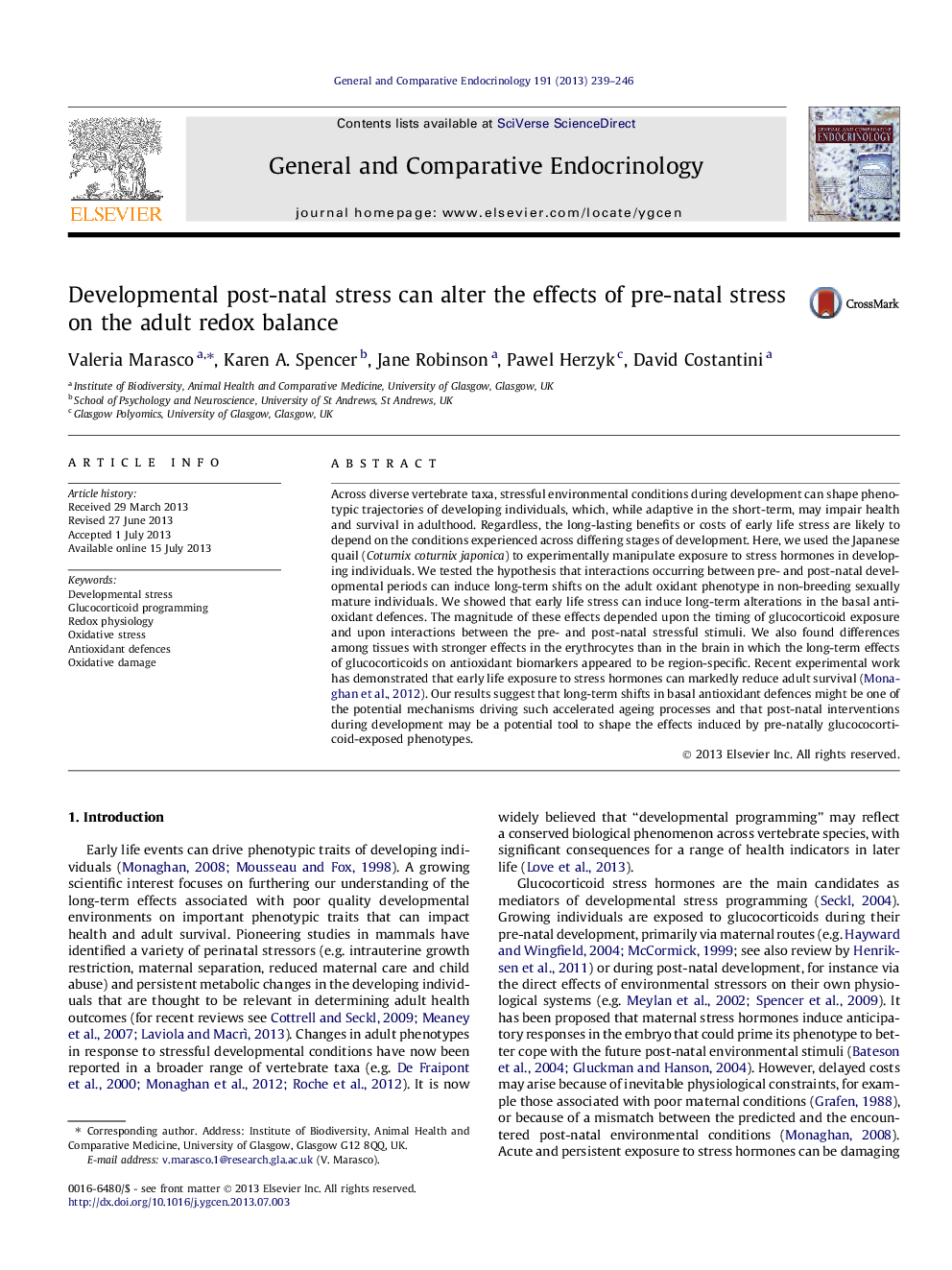 Developmental post-natal stress can alter the effects of pre-natal stress on the adult redox balance