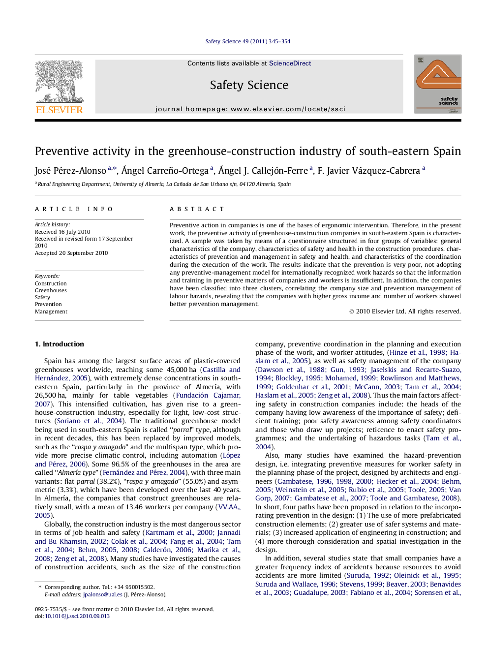 Preventive activity in the greenhouse-construction industry of south-eastern Spain