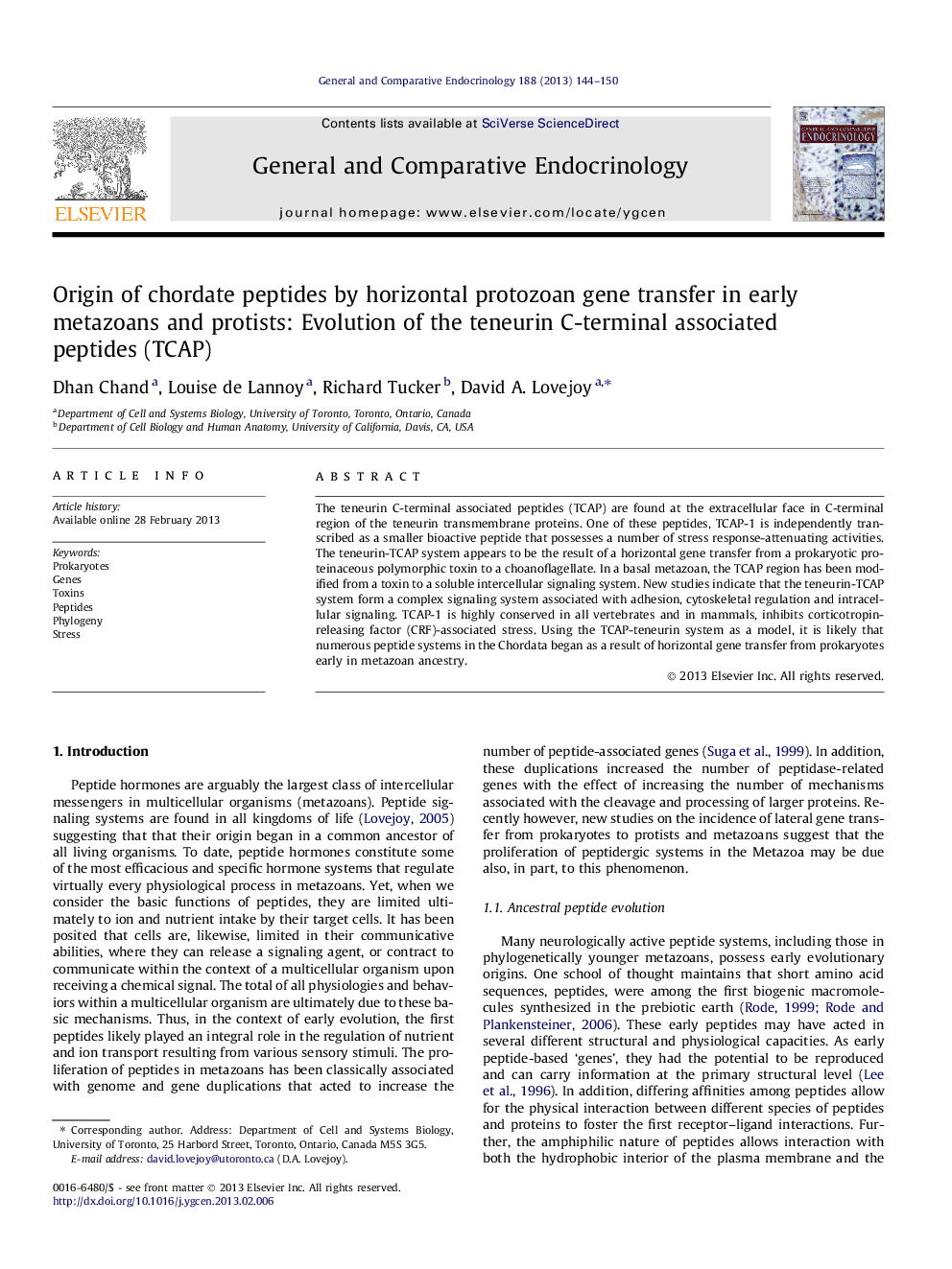 Origin of chordate peptides by horizontal protozoan gene transfer in early metazoans and protists: Evolution of the teneurin C-terminal associated peptides (TCAP)