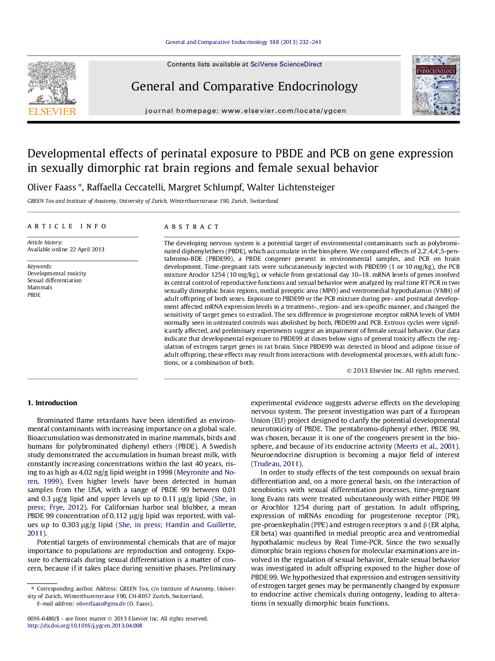 Developmental effects of perinatal exposure to PBDE and PCB on gene expression in sexually dimorphic rat brain regions and female sexual behavior