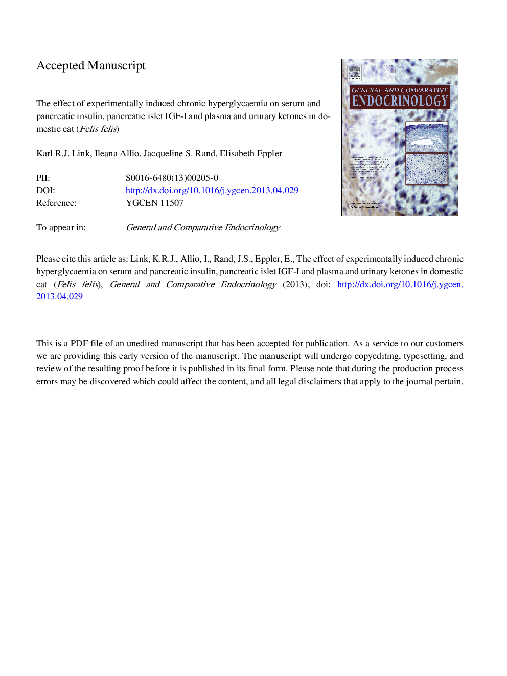 The effect of experimentally induced chronic hyperglycaemia on serum and pancreatic insulin, pancreatic islet IGF-I and plasma and urinary ketones in the domestic cat (Felis felis)