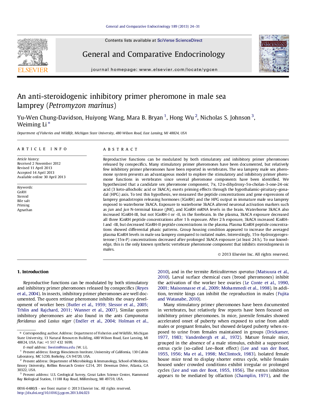 An anti-steroidogenic inhibitory primer pheromone in male sea lamprey (Petromyzon marinus)