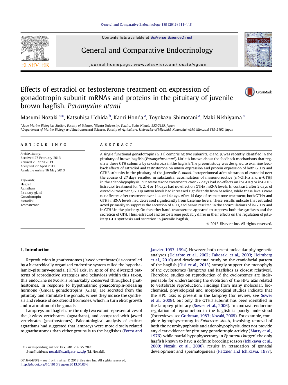 Effects of estradiol or testosterone treatment on expression of gonadotropin subunit mRNAs and proteins in the pituitary of juvenile brown hagfish, Paramyxine atami