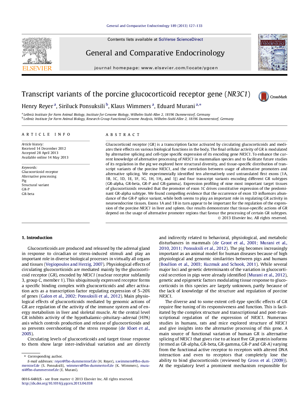 Transcript variants of the porcine glucocorticoid receptor gene (NR3C1)