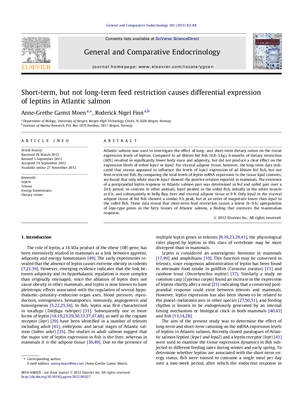 Short-term, but not long-term feed restriction causes differential expression of leptins in Atlantic salmon