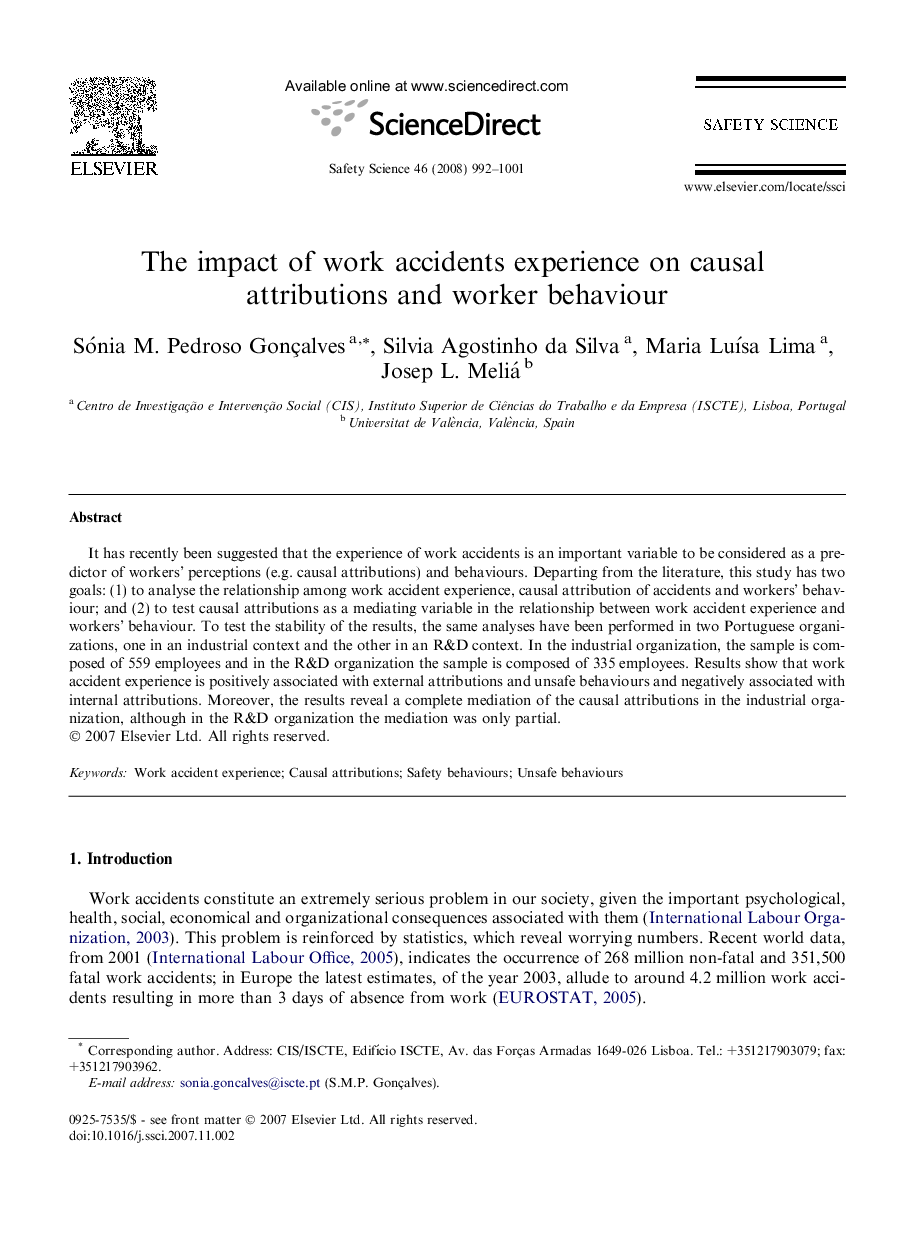 The impact of work accidents experience on causal attributions and worker behaviour