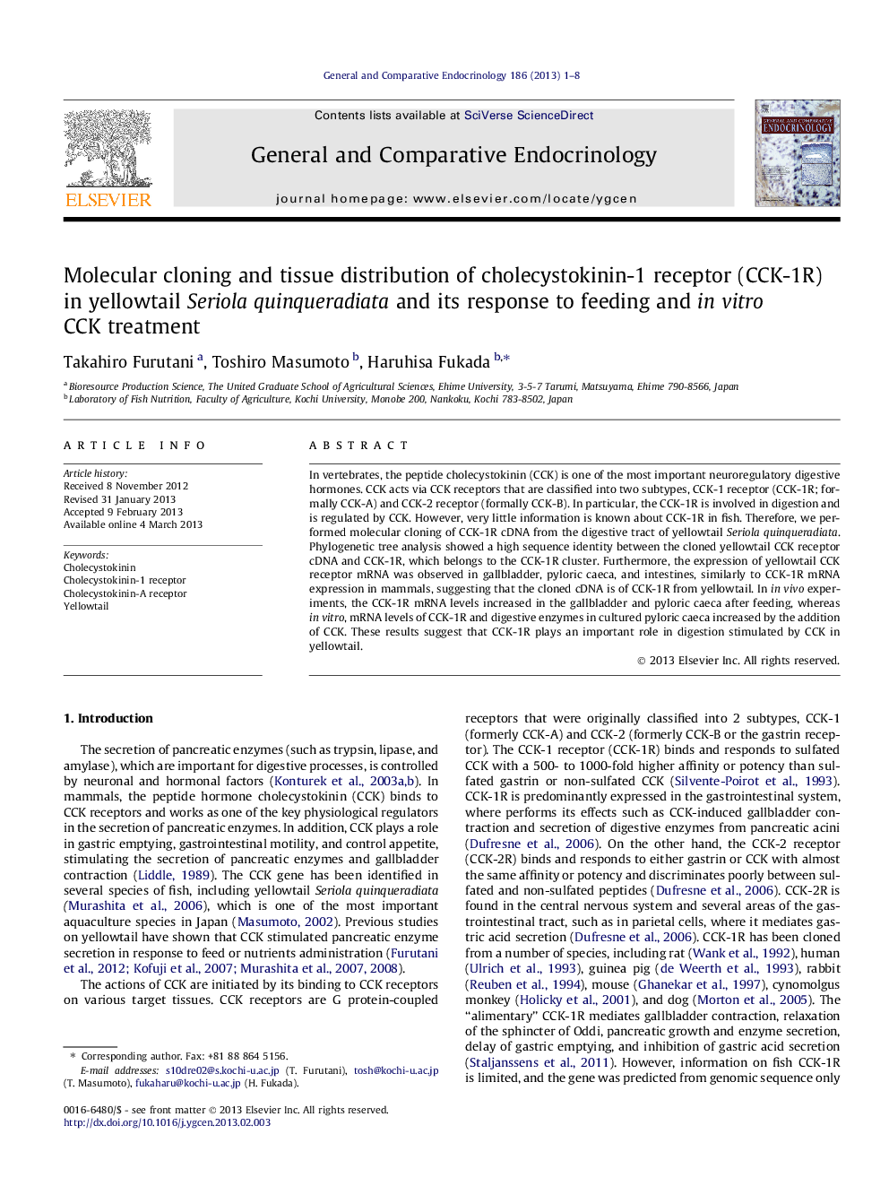 Molecular cloning and tissue distribution of cholecystokinin-1 receptor (CCK-1R) in yellowtail Seriola quinqueradiata and its response to feeding and in vitro CCK treatment