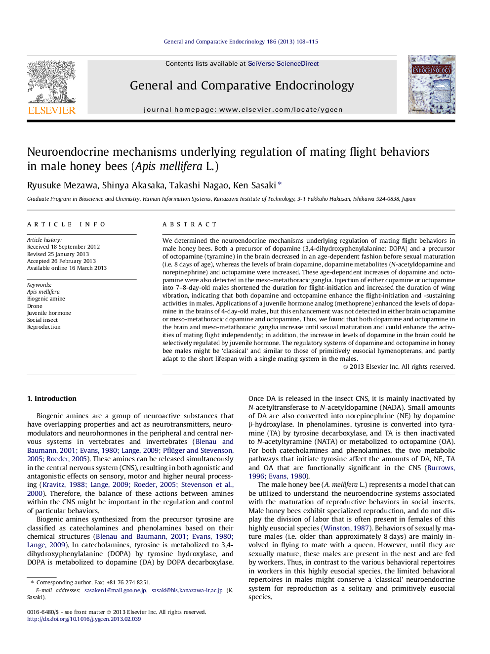 Neuroendocrine mechanisms underlying regulation of mating flight behaviors in male honey bees (Apis mellifera L.)