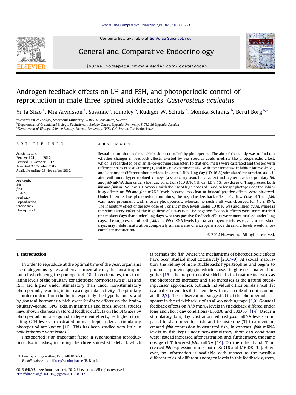 Androgen feedback effects on LH and FSH, and photoperiodic control of reproduction in male three-spined sticklebacks, Gasterosteus aculeatus