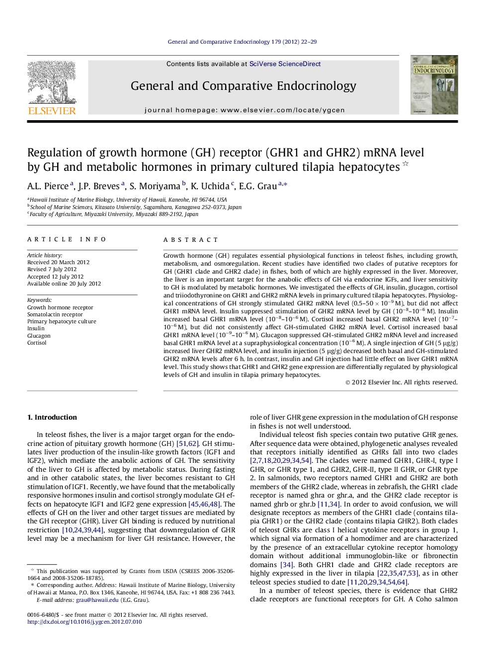 Regulation of growth hormone (GH) receptor (GHR1 and GHR2) mRNA level by GH and metabolic hormones in primary cultured tilapia hepatocytes