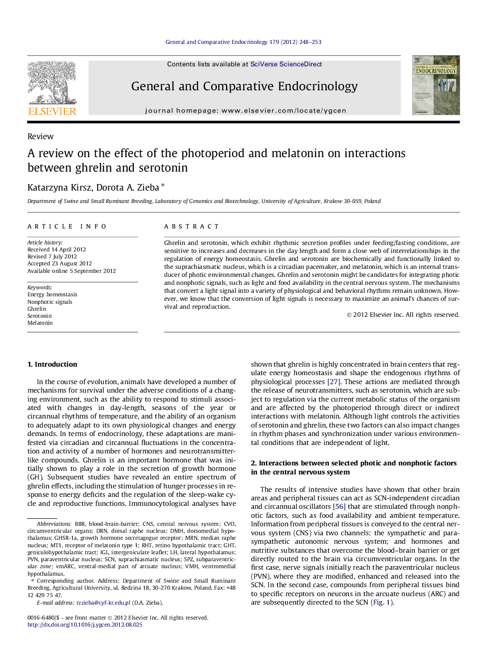 A review on the effect of the photoperiod and melatonin on interactions between ghrelin and serotonin